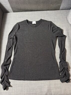 LINI Metallic Black Long-Sleeve Ruched Sleeve Top